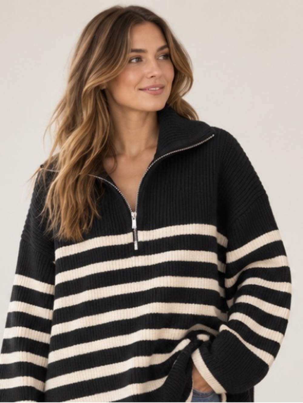 H&M Black Cream Striped Half-Zip Sweater | Coastal Preppy Size M